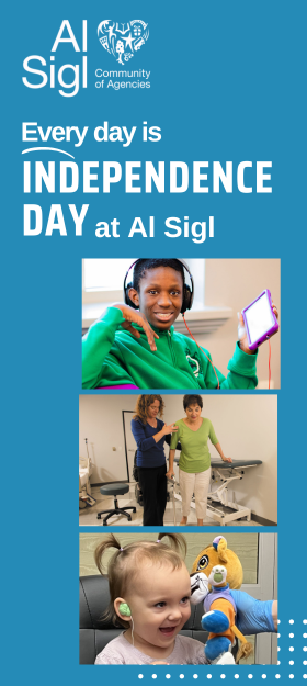 Every Day is Independence Day at Al Sigl in white letters against a blue background; photos of 3 people served by Al Sigl Member Agencies