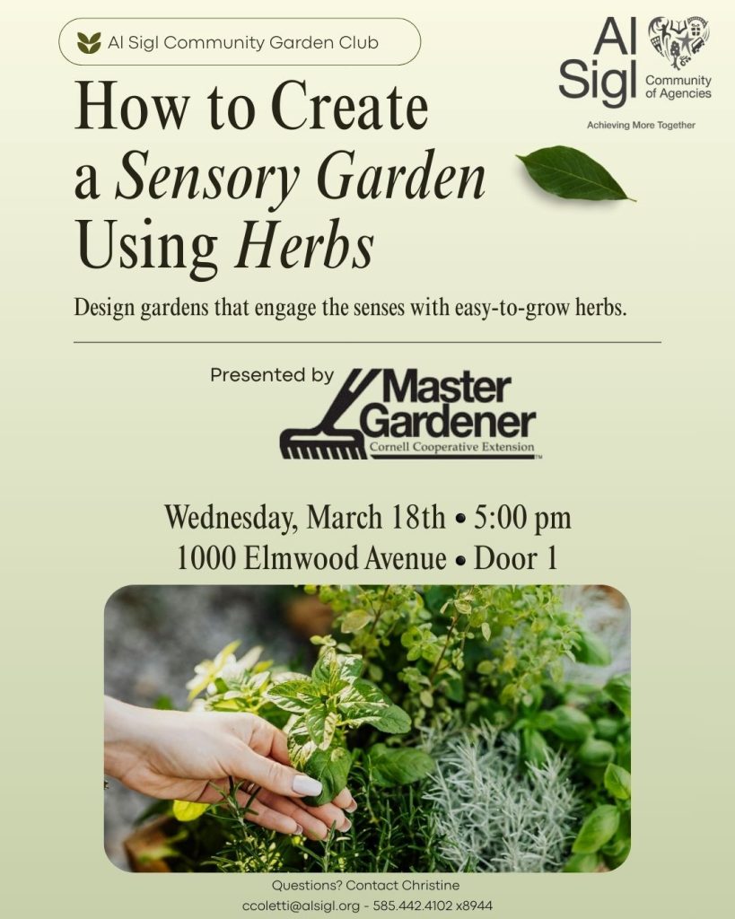 Flyer for a workshop on How to Create a Sensory Garden Using Herbs