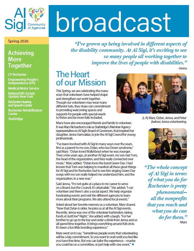 cover of recent newsletter with broadcast in white letters against a blue background across the top