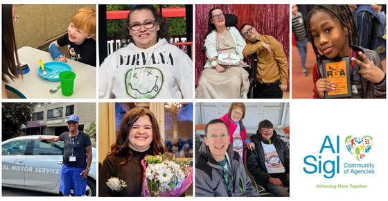 children and adults served by Al Sigl Member agencies: a boy at a table smiling up at a grown up; a woman wearing a Nirvana sweatshirt; a young woman in a dress who uses a wheelchair with a young man leaning his head on her shoulder; a confident boy holding an award; a man standing in front of a car with Medical Motor Service written on the side; a woman smiling holding a bouquet of flowers; a man with his parents